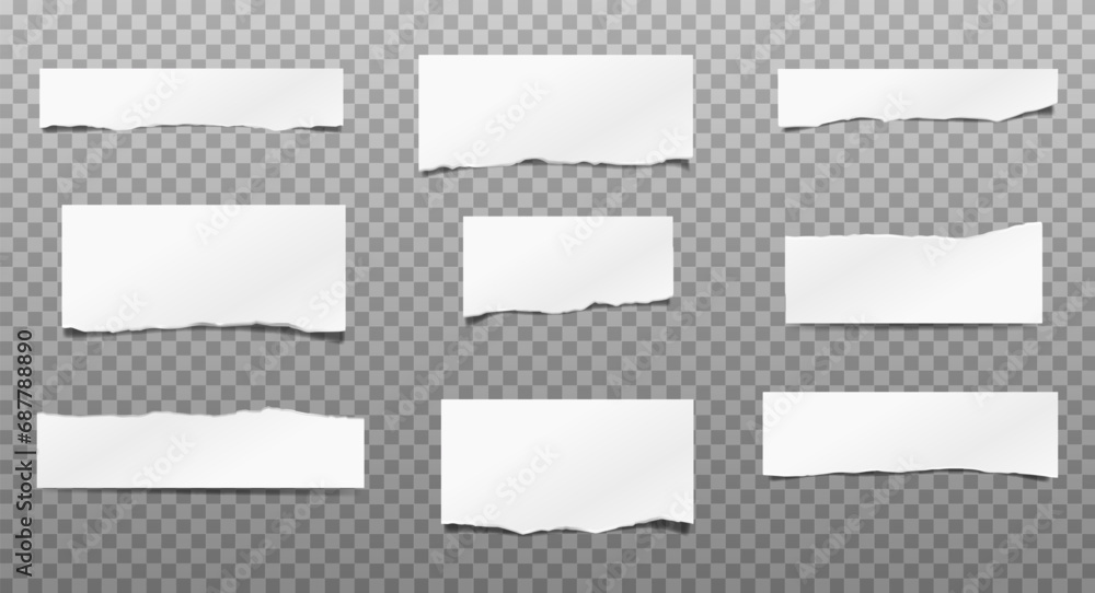 3d realistic vector torn paper pieces on transparent background with different cuts. Information reminder 3d realistic vector torn paper pieces on transparent background with different cuts. Information reminder