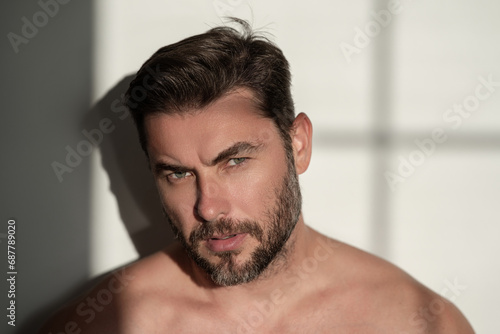 Beauty man. Beauty portrait of handsome man. Skincare routine concept. Male haircut, mustache and beard. Male beauty. Shaving, hair styling. Beauty care for man.