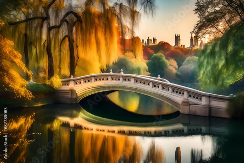 An ethereal version of Bow Bridge in Central Park, bathed in a magical glow with floating orbs of light and a dreamy atmosphere, Artwork