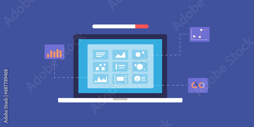 Big data visualization, data research and analytics dashboard display growth, performance, report on laptop screen, vector illustration banner.