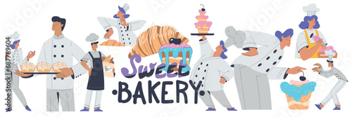 Bakery with People Baker Character in Uniform Baking Pastry Vector Illustration