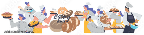 Bakery with People Baker Character in Uniform Baking Pastry Vector Illustration