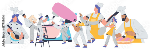 Bakery with People Baker Character in Uniform Baking Pastry Vector Illustration