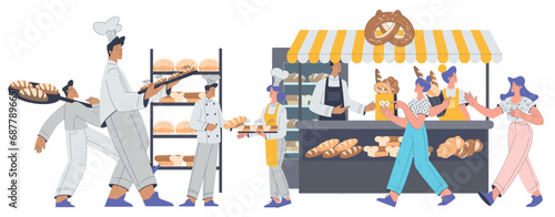 Bakery with People Baker Character in Uniform Baking and Sell Bread and Pastry Vector Illustration