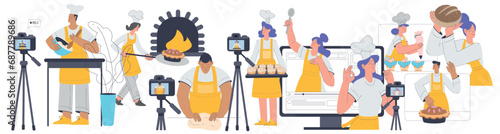 Bakery with People Baker Character in Uniform Baking Pastry and Record Process Vector Illustration