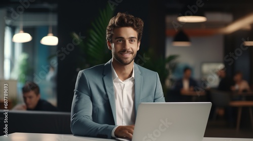 Young Professional Man Smiling and Looking at the Camera while Working with Laptop in the Office 