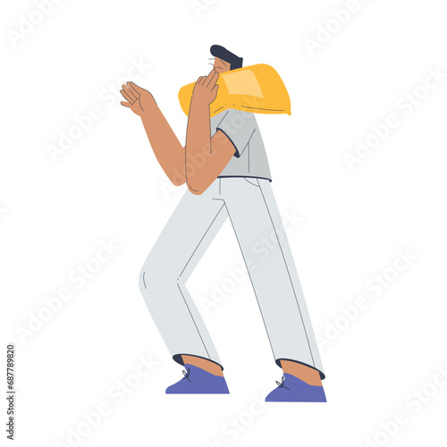 Bakery with Man Baker Character in Uniform Carry Flour Package Vector Illustration