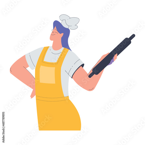 Bakery with Woman Baker Character in Apron Holding Rolling Pin Vector Illustration