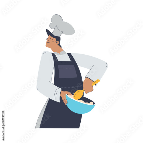 Bakery with Man Baker Character in Uniform Mixing Something in Bowl Vector Illustration