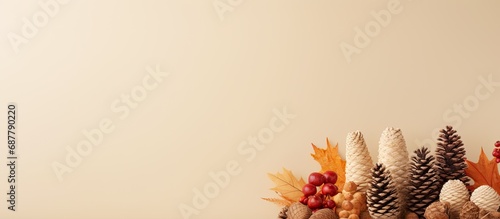 Autumn-themed arrangement of various cones and nuts on a beige backdrop. Space for text.