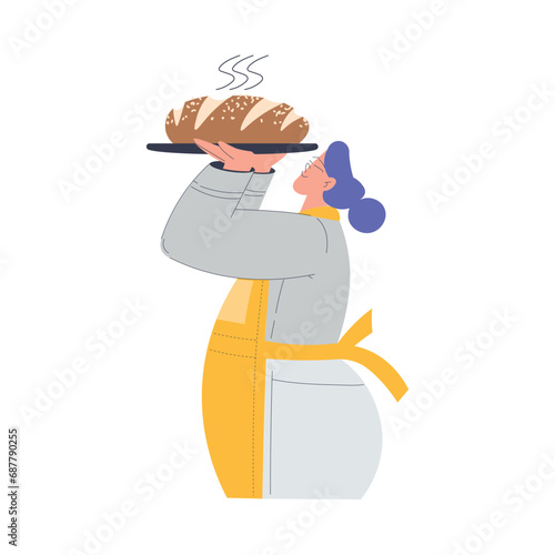 Bakery with Woman Baker Character in Uniform Stand with Tray and Hot Baked Bread Loaf Vector Illustration