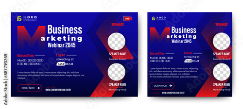 Business Conference live webinar banner invitation and social media post template. Blue and white. Business webinar invitation design. Vector