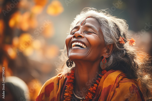 A Senior Indian woman breathes calmly looking up enjoying autumn air