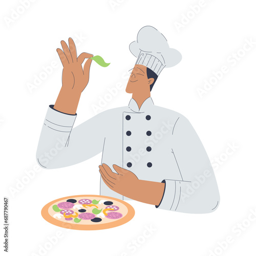 Bakery with Man Baker Character in Uniform Prepare Pizza Vector Illustration