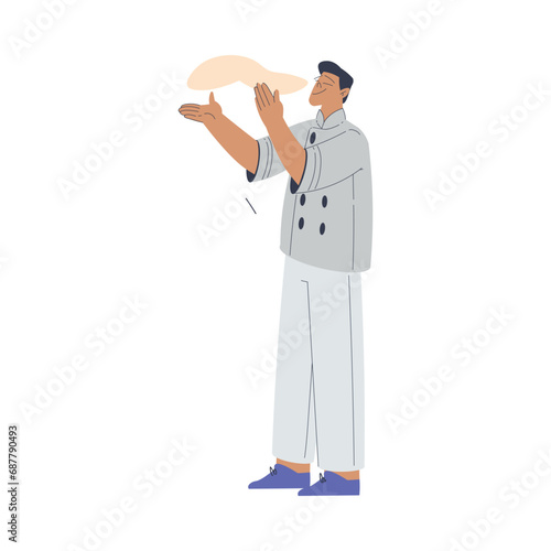 Bakery with Man Baker Character in Uniform Stand with Dough Vector Illustration
