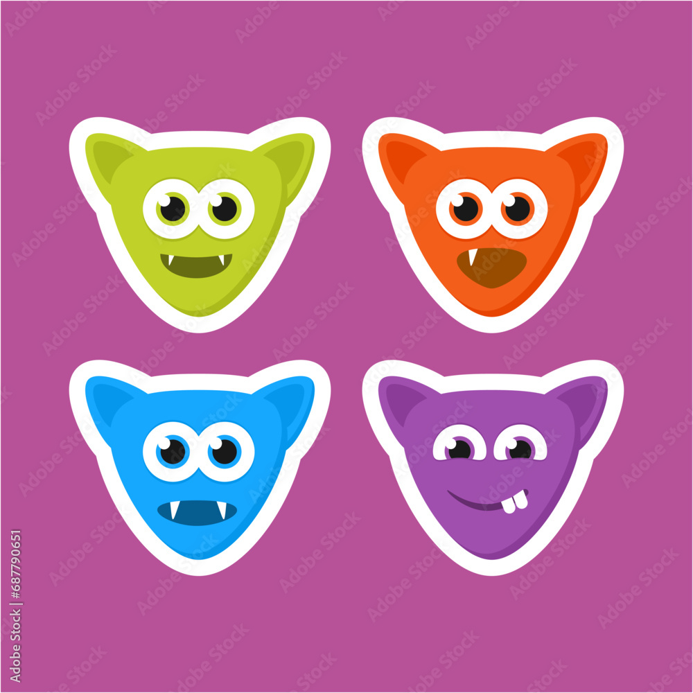 Four different colored monsters with eyes and mouths. This asset is suitable for children's books, Halloween graphics, and quirky character designs for products and packaging.