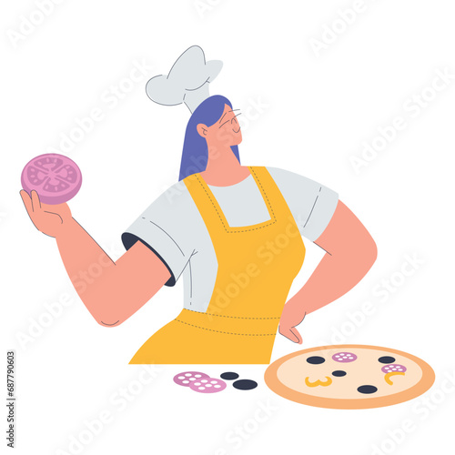 Bakery with Woman Baker Character in Uniform Put Pizza Ingredients Vector Illustration