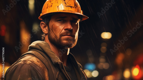 Worker in hard hat under rain at night. photo