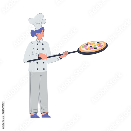 Bakery with Woman Baker Character in Uniform Hold Shovel with Pizza Vector Illustration