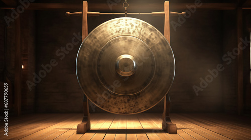 Large brass gong in wooden room.