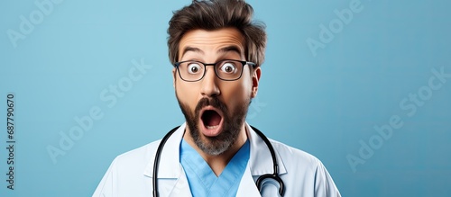 Bearded man in doctor's uniform, skeptical expression, surprised with open mouth at clinic.