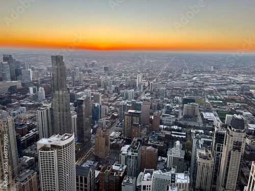 Chicago Skyline Aerial View at Sunset