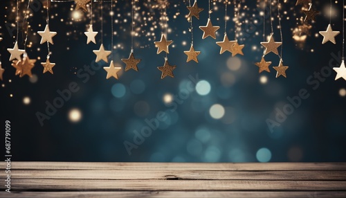 Christmas background, stars decoration hanging above, table top for product placement, wooden surface for item display, bokeh golden blurred lights at the blue background