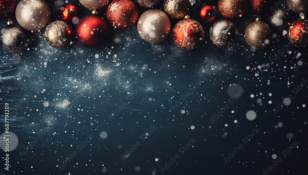 Naklejka premium Christmas blue background, top view of table with colorful baubles decoration spheres and snow particles on the surface