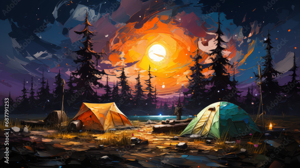 Camping in the mountains at sunset. Illustration. Digital painting.