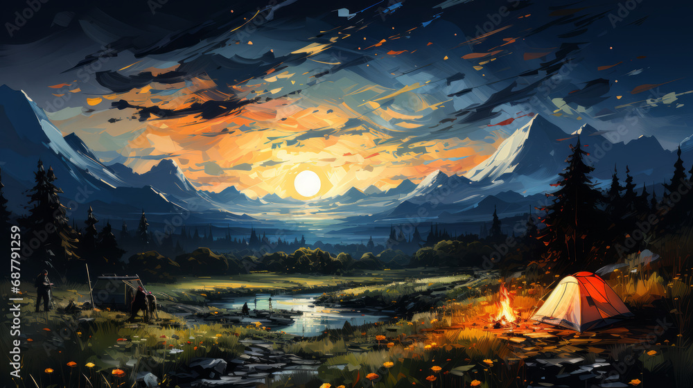 Camping in the mountains at sunset. Illustration. Digital painting.