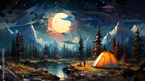 Camping near the lake in the mountains at night. Digital painting.