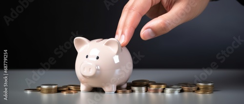 Male hand inserting coins into a piggy bank to save money, wealth and finance concept. The background looks clean and comfortable.free copy space for text