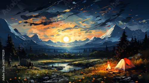 Camping in the mountains at sunset. Illustration. Digital painting. © Narin