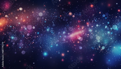 Festive abstract blue background with golden and purple particles floating, bokeh lights and blurred glittering colors