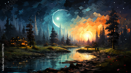 Fantasy landscape with river, forest and mountains. Digital painting.