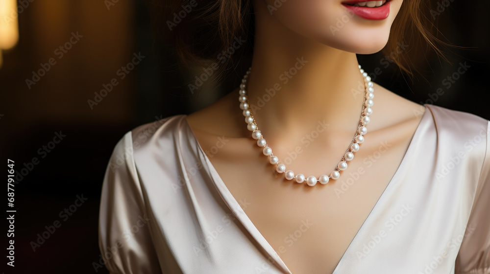 cropped photo of beautiful woman wearing pearl necklace. - obrazy, fototapety, plakaty 