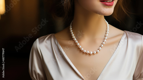 cropped photo of beautiful woman wearing pearl necklace. photo