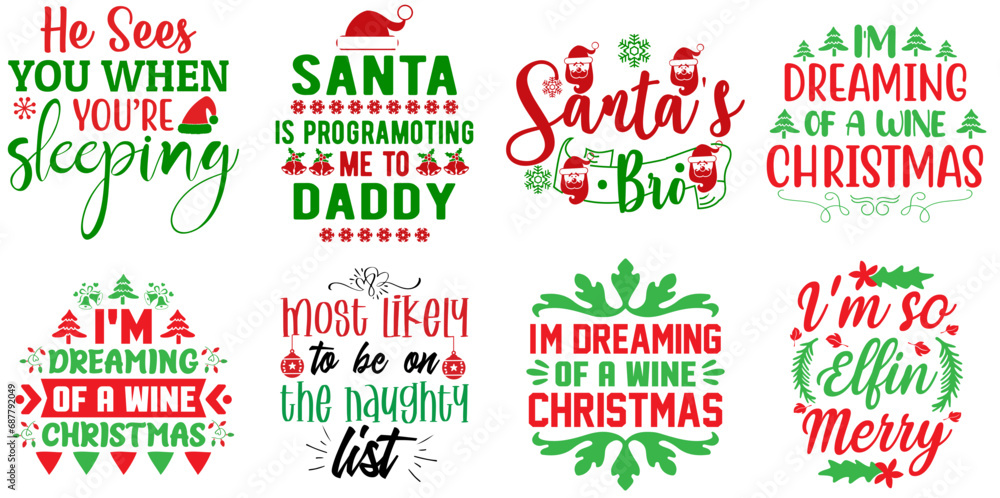 Fototapeta premium Merry Christmas and Happy New Year Phrase Bundle Christmas Vector Illustration for Gift Card, Sticker, Flyer