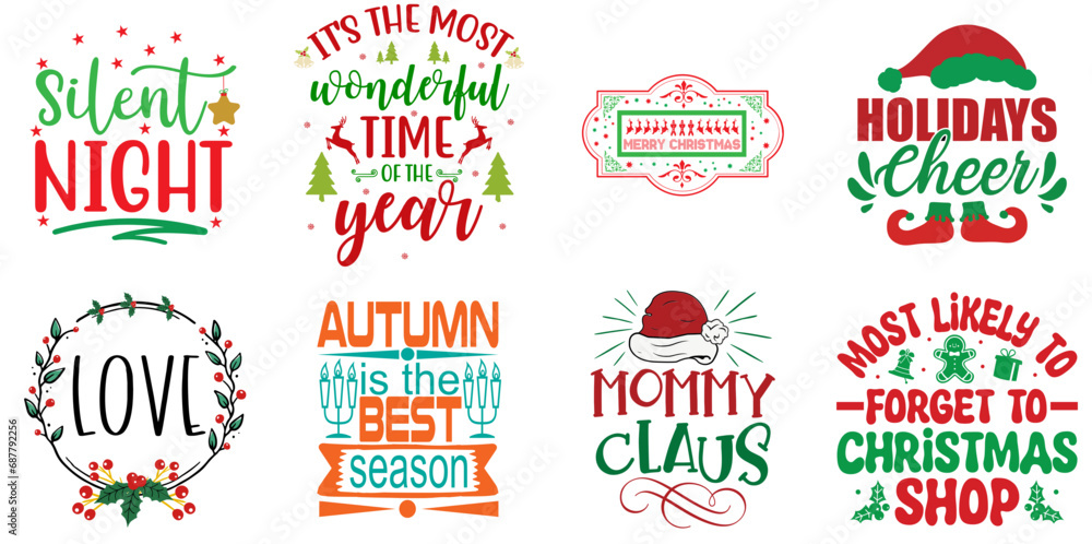 Merry Christmas Inscription Set Christmas Vector Illustration for Gift Card, Mug Design, Printing Press