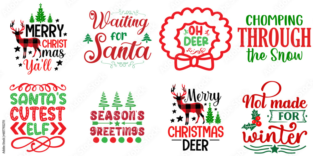 Merry Christmas and Happy New Year Typography Set Christmas Vector Illustration for Mug Design, Poster, Wrapping Paper