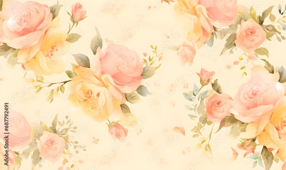 Yellow background with watercolor pink roses,Generative AI