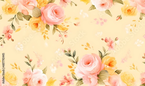 Yellow background with watercolor pink roses,Generative AI