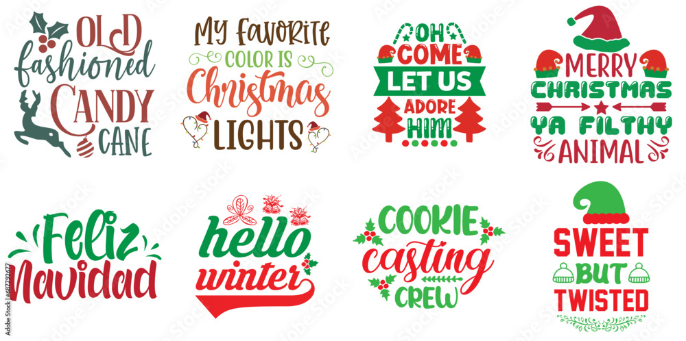 Merry Christmas and Happy New Year Typography Set Christmas Vector Illustration for Decal, Poster, Advertising