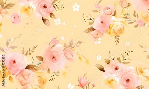 Yellow background with watercolor pink roses,Generative AI © simba kim