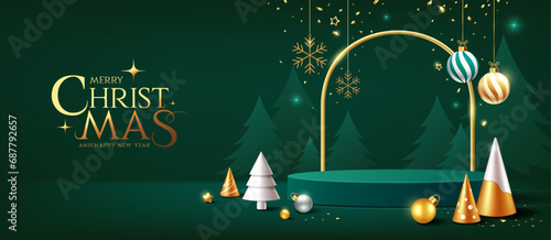 Merry christmas and happy new year, green podium display ornaments banners design on green background, EPS10 vector illustration
