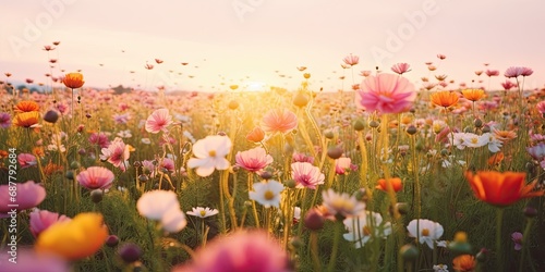 Blooming summer symphony. Colorful meadow landscape with flowers under radiant sun. Nature palette unveiled. Bright and vivid flower in sunlit meadow © Bussakon