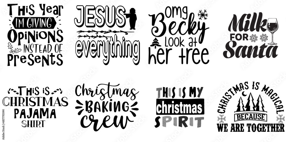 Fototapeta premium Merry Christmas and New Year Typographic Emblems Bundle Christmas Black Vector Illustration for Book Cover, Magazine, Icon