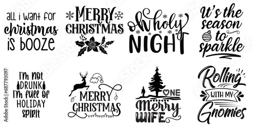 Christmas and Holiday Typographic Emblems Set Christmas Black Vector Illustration for Postcard, Decal, Presentation