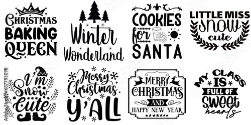 Happy Holiday and Winter Inscription Set Christmas Black Vector Illustration for Book Cover, Logo, Label