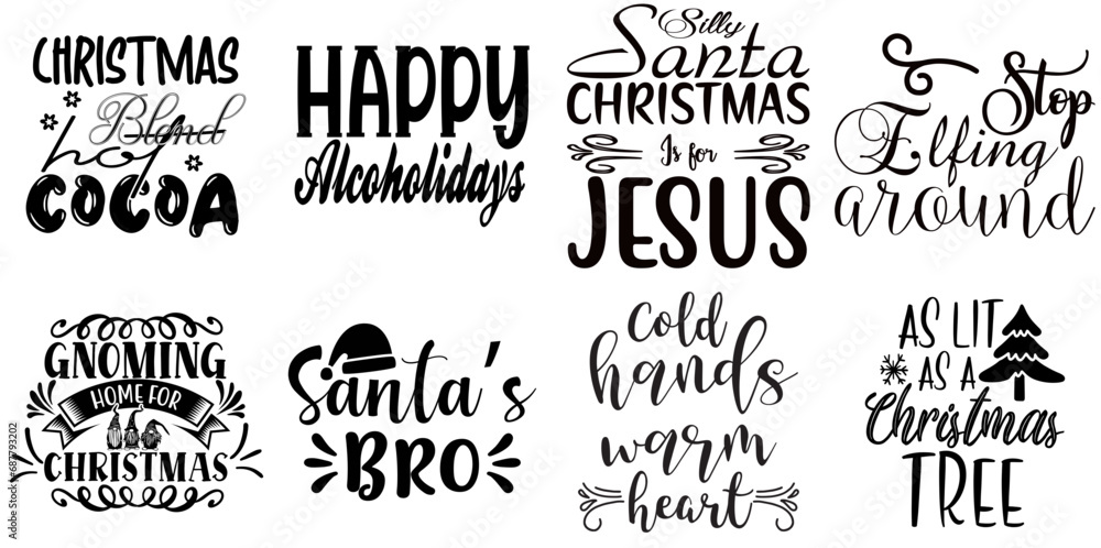 Merry Christmas and Holiday Celebration Calligraphy Bundle Christmas Black Vector Illustration for Label, Brochure, Presentation